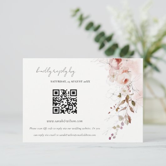 Dusky Fall Marsala Floral Wedding QR Code UAWG Begleitkarte (Stehend Vorderseite)