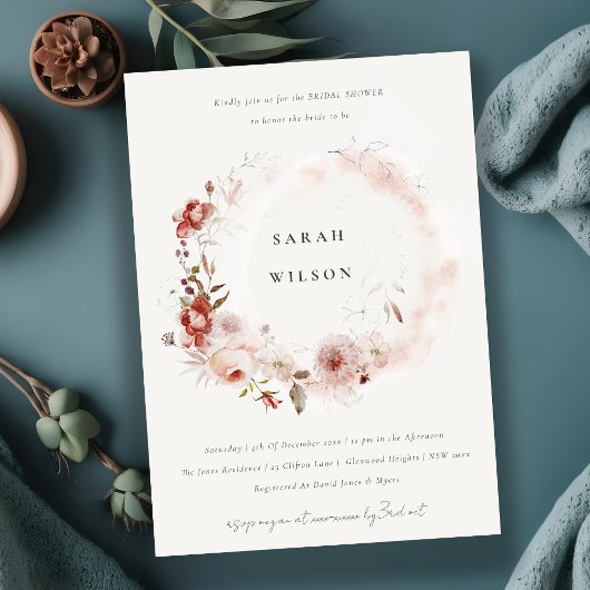 Dusky Fall Marsala Floral Wreath Brautparty Einladung