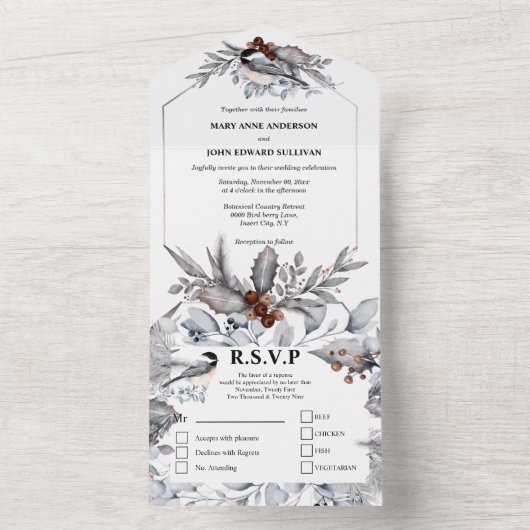 Dusky-Grauwald-Vögel Hochzeit All In One Einladung (Innen Boden)