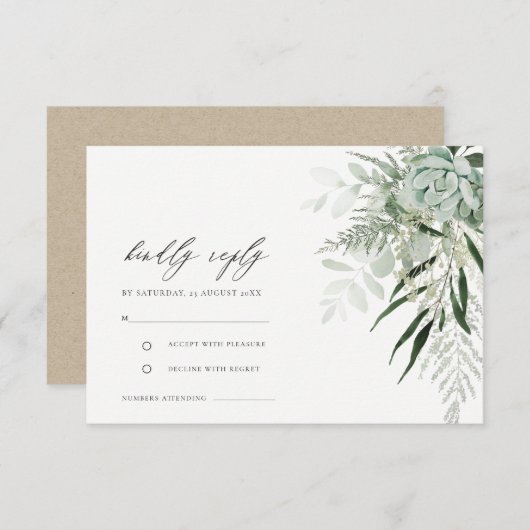 Dusky Green Leafy Fern Succulent Wedding RSVP Begleitkarte (Vorne/Hinten)