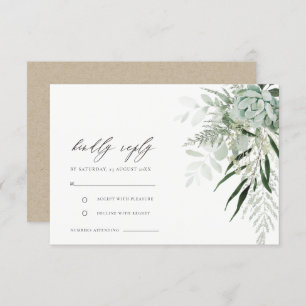 Dusky Green Leafy Fern Succulent Wedding RSVP Begleitkarte