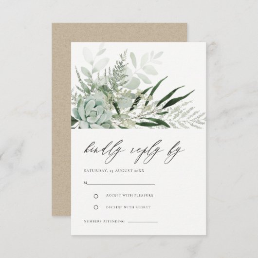 Dusky Green Leafy Fern Succulent Wedding RSVP Begleitkarte (Vorne/Hinten)