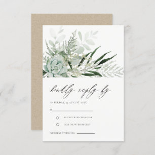 Dusky Green Leafy Fern Succulent Wedding RSVP Begleitkarte