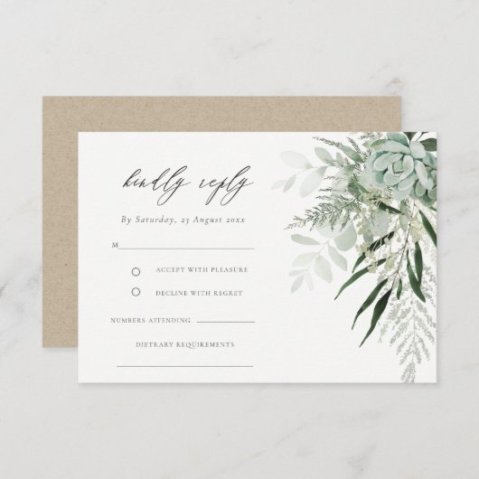 Dusky Green Leafy Fern Succulent Wedding RSVP Diät Begleitkarte (Vorne/Hinten)