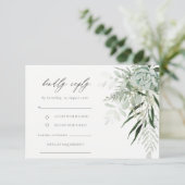 Dusky Green Leafy Fern Succulent Wedding RSVP Diät Begleitkarte (Stehend Vorderseite)