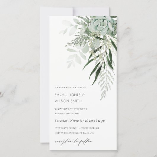 Dusky Green Leafy Fern Succulent Wedite Einladung (Vorderseite)