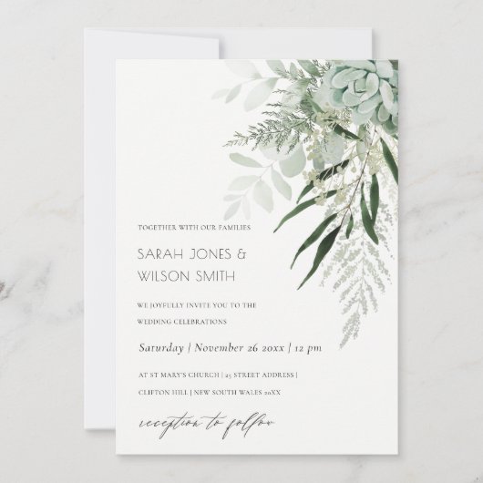 Dusky Green Leafy Fern Succulent Wedite Einladung (Vorderseite)