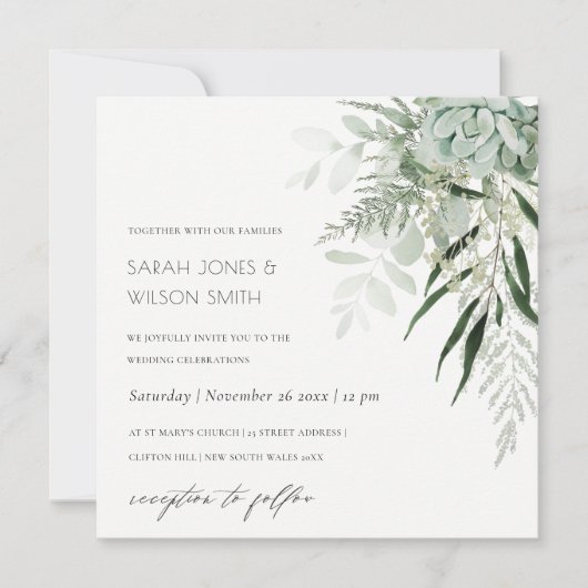 Dusky Green Leafy Fern Succulent Wedite Einladung (Vorderseite)