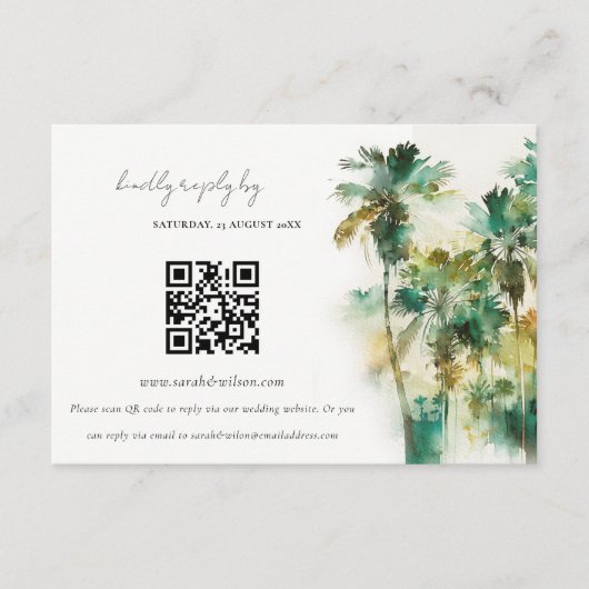 Dusky Green Tropical Palm Trees Wedding QR Code Begleitkarte (Vorderseite)