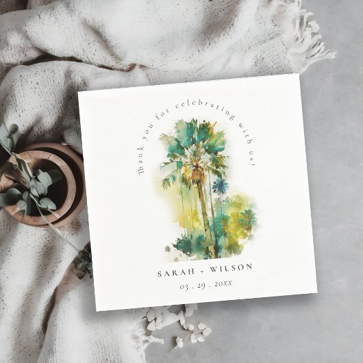 Dusky Green Tropical Watercolor Palmen Hochzeit Serviette