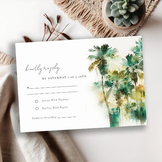 Dusky Green Yellow Tropical Palm Trees Wedding RSVP Karte