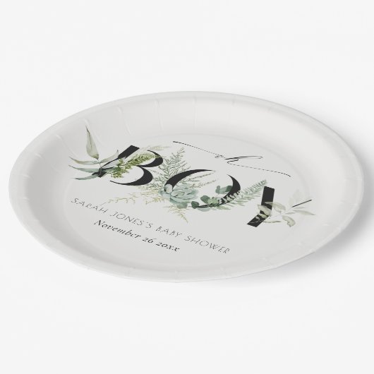 Dusky Leafy Fern Succulent Oh Boy Baby Dusche Pappteller (Schrägansicht)