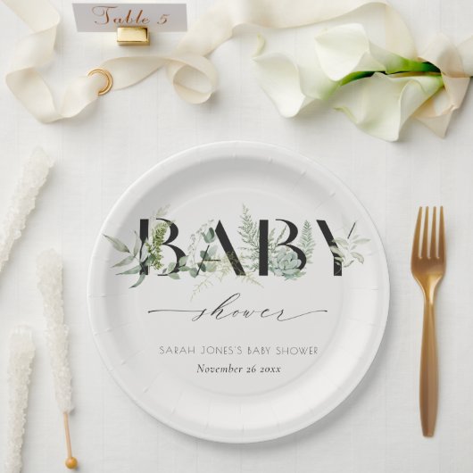 Dusky Leafy Fern Succulent Script Baby Dusche Pappteller (Hochzeit)