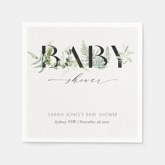Dusky Leafy Fern Succulent Script Baby Dusche Serviette (Vorderseite)