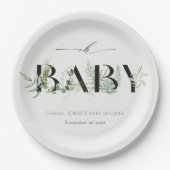 Dusky Leafy Fern Succulent Script Oh Baby Dusche Pappteller (Vorderseite)