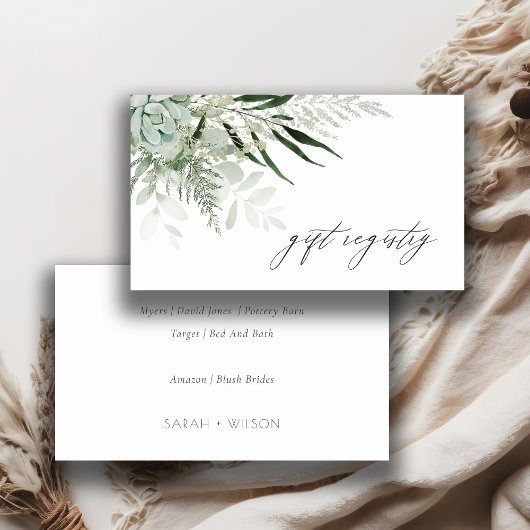 Dusky Leafy Fern Succulent Wedding Gift Registry Visitenkarte
