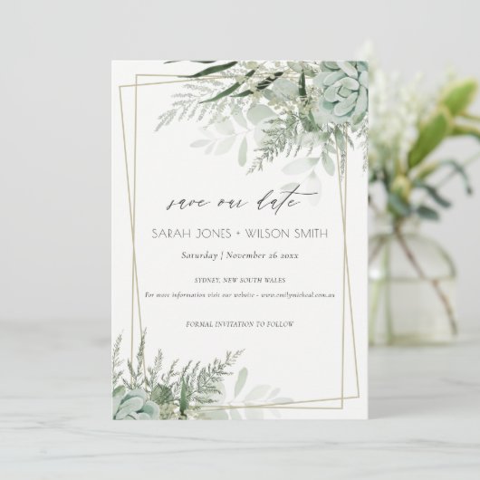 Dusky Leafy Fern Succulous Save the Date Card Dankeskarte (Stehend Vorderseite)