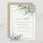 Dusky Leafy Fern Succulous Save the Date Card Dankeskarte (Vorne/Hinten)