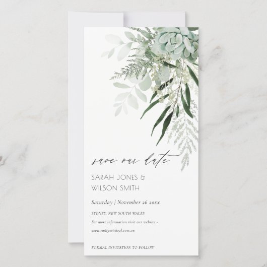 Dusky Leafy Fern Succulous Save the Date Card Dankeskarte (Vorderseite)