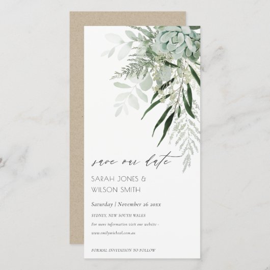 Dusky Leafy Fern Succulous Save the Date Card Dankeskarte (Vorne/Hinten)