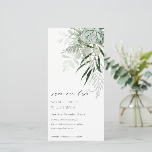 Dusky Leafy Fern Succulous Save the Date Card Dankeskarte (Stehend Vorderseite)
