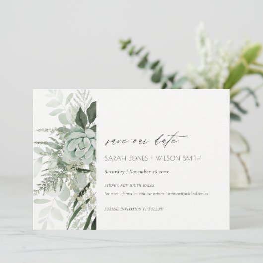 Dusky Leafy Fern Succulous Save the Date Card Dankeskarte (Stehend Vorderseite)