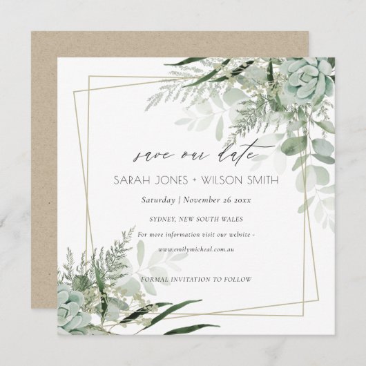 Dusky Leafy Fern Succulous Save the Date Card Dankeskarte (Vorne/Hinten)
