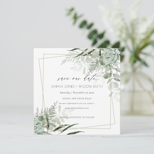 Dusky Leafy Fern Succulous Save the Date Card Dankeskarte (Stehend Vorderseite)