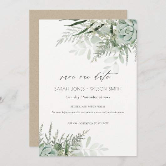 Dusky Leafy Fern Succulous Save the Date Card Dankeskarte (Vorne/Hinten)