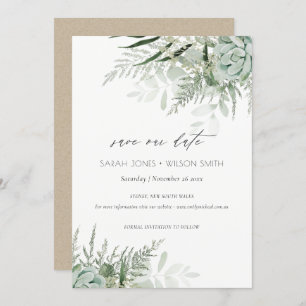Dusky Leafy Fern Succulous Save the Date Card Dankeskarte
