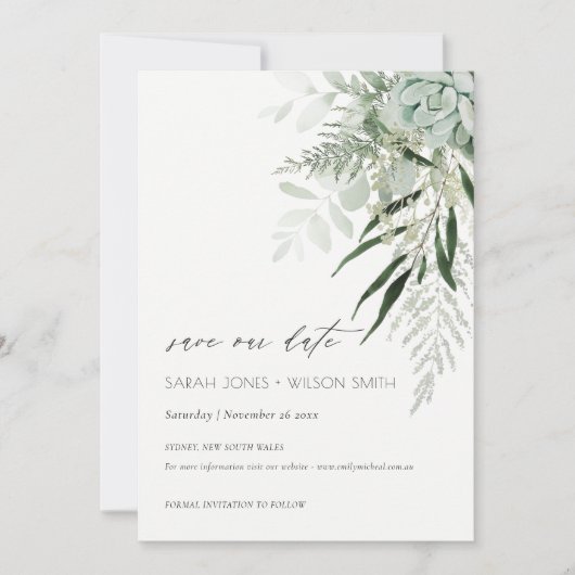 Dusky Leafy Fern Succulous Save the Date Card Dankeskarte (Vorderseite)