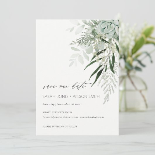 Dusky Leafy Fern Succulous Save the Date Card Dankeskarte (Stehend Vorderseite)