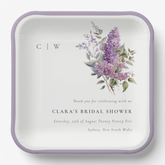Dusky Lilac Hütte Flora Brautparty Pappteller (Vorderseite)