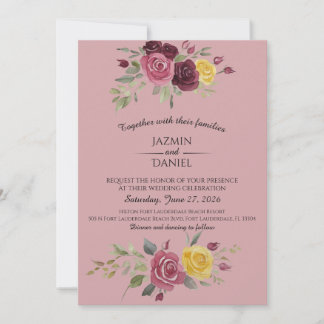 Dusky Pastel Watercolor Roses Maroon Invitation Einladung