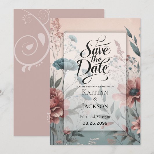 Dusky Petals und Soft Serenity Floral Save The Date (Vorne/Hinten)
