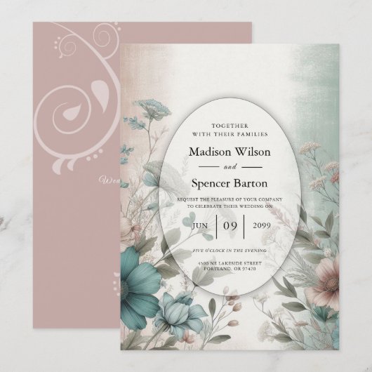 Dusky Petals und Soft Serenity Floral Wedding Einladung (Vorne/Hinten)