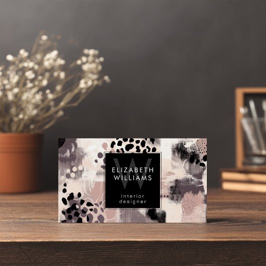 Dusky Pink Black Abstract Monogram Business Cards
