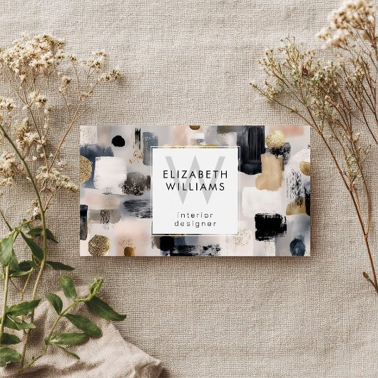 Dusky Pink Black Gold Monogram Business Cards