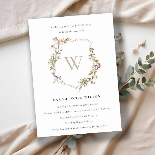 Dusky Pink Blush Wildblume Wappen Babydusche Einladung