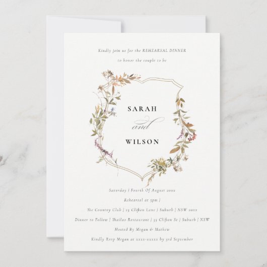 Dusky Pink Blush Wildblume Wappen Probe Abendessen Einladung (Vorderseite)