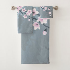 Dusky Pink Dusty Blue Cherry Blossom Blümchen Badhandtuch Set