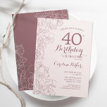 Dusky Pink Floral 40. Geburtstag Party Einladung<br><div class="desc">Dusky Pink Floral 40. Geburtstag Party Einladung. Minimalistisches modernes Design mit botanischen Kontur Zeichnungen Akzente und Typografie Drehbuch Schriftart. Einfache,  trendige Einladungskarte für eine stilvolle Damenfeier. Kann für jedes Alter angepasst werden. Gedruckte Zazzle Einladungen oder Sofortdownload digitalen druckbaren Vorlage.</div>