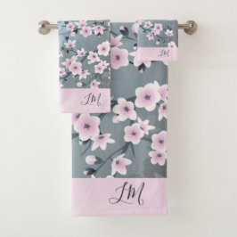 Dusky Pink Grayish Blue Cherry Blossom Blumenstrau Badhandtuch Set