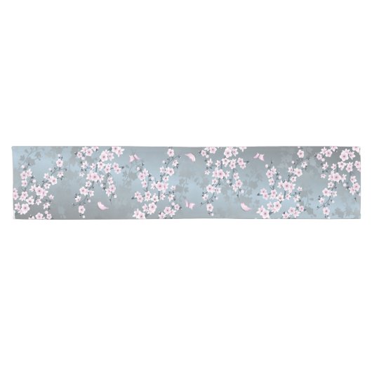Dusky Pink Grayish Blue Cherry Blossom Kurzer Tischläufer (Horizontal)