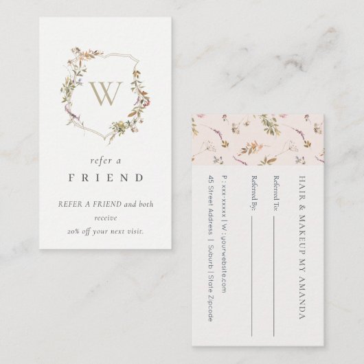 Dusky Pink Wildblume Monogram Wappen Refer Friend Visitenkarte (Vorne/Hinten)
