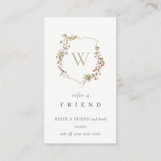 Dusky Pink Wildblume Monogram Wappen Refer Friend Visitenkarte (Vorderseite)