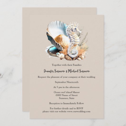 Dusky rosa, weißer Seepferd, Muschelkorallenstrand Einladung (Vorne/Hinten)