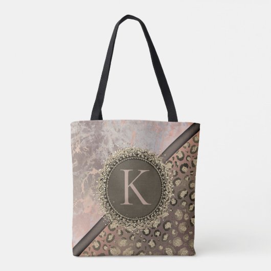 Dusky Rose Marble Glittery Leopard Monogram Tasche (Rückseite)