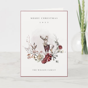 Dusky Stag Marsala Foliage Wreath Frohe Weihnachte Feiertagskarte