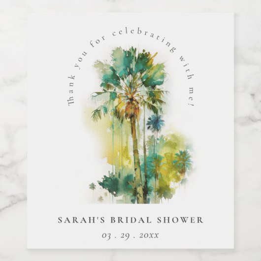 Dusky Tropical Watercolor Palm Trees Brautparty Weinetikett (Einzelnes Label)